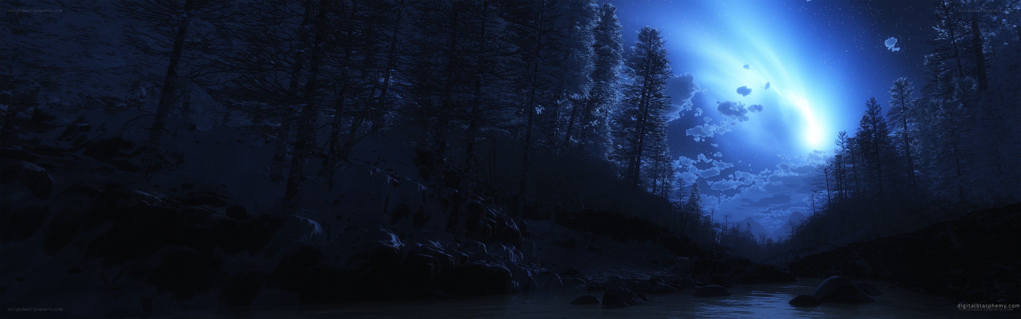 night forest with glowing sky