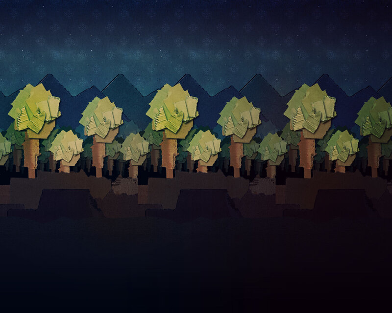 Night forest with mountains