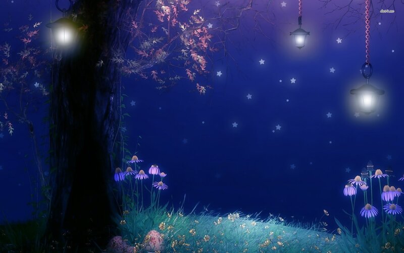 Night Garden with Lanterns — Blue, Serene