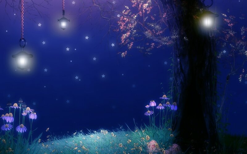 Night Garden with Lanterns — Blue