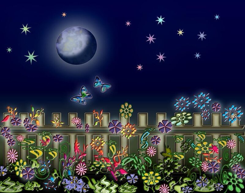 night garden with moon and stars