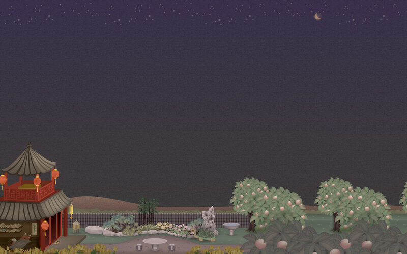 Night garden with pagoda