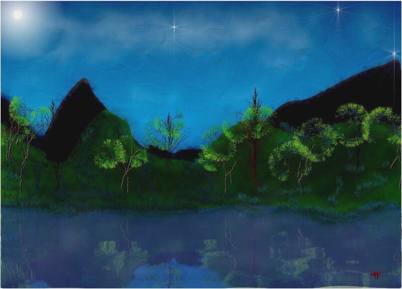 Night Landscape with Lake — Blue
