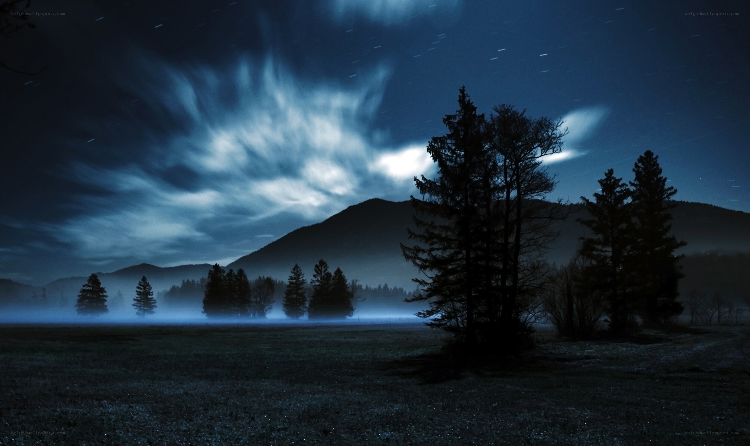 Night landscape with misty mountains