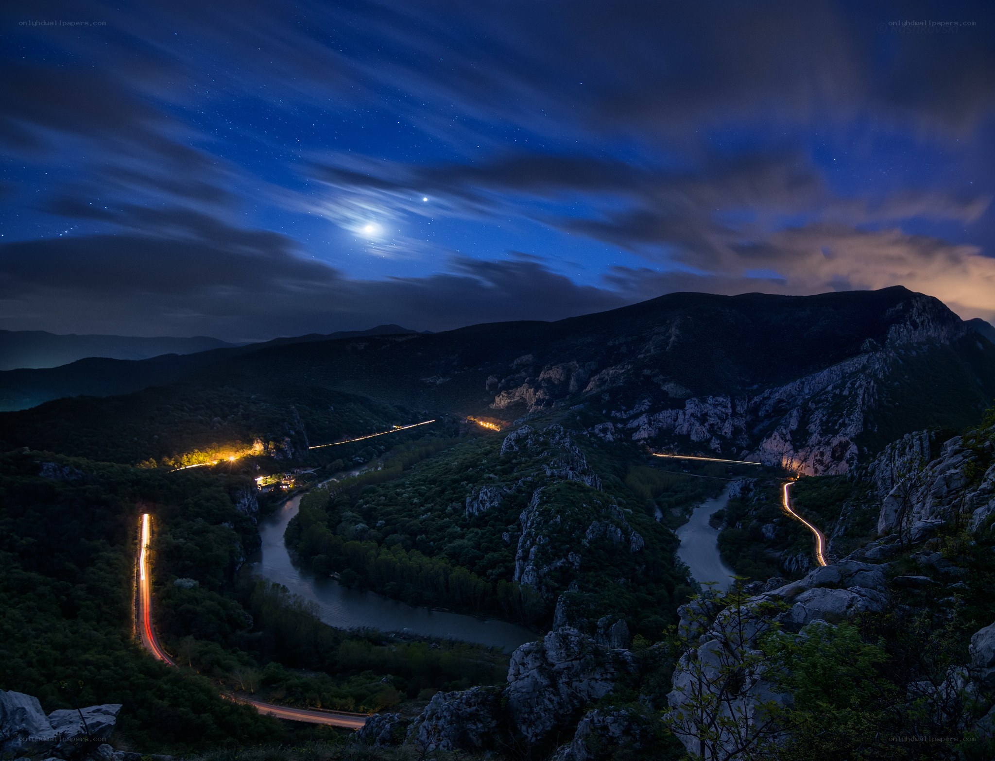 Night landscape with river and roads