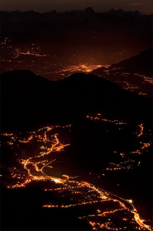 Night lights of a mountain valley