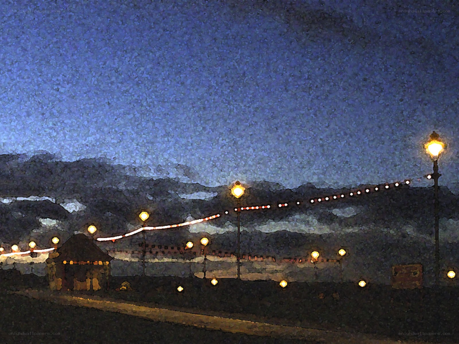 Night lights on a boardwalk