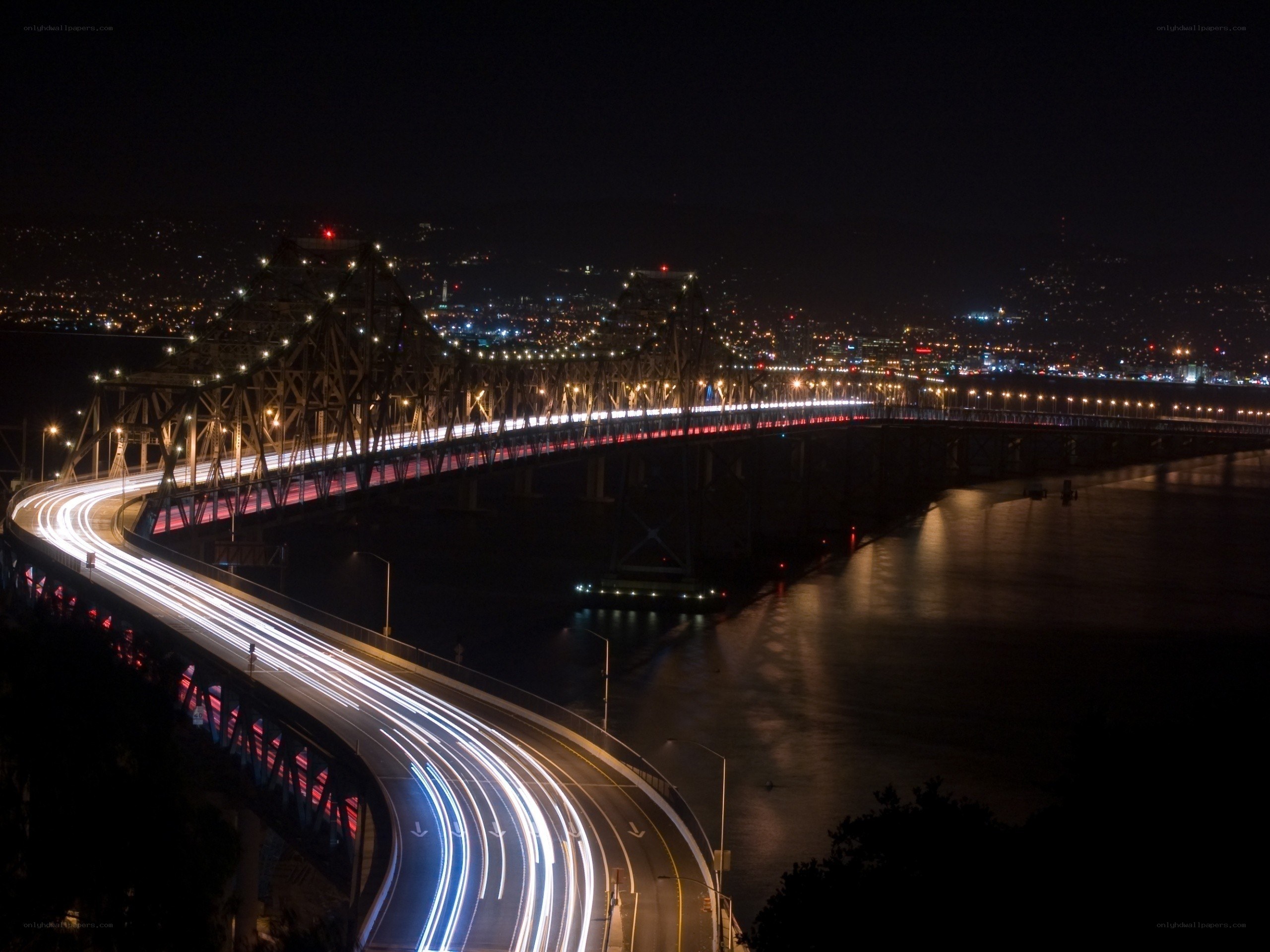Night lights on a city bridge