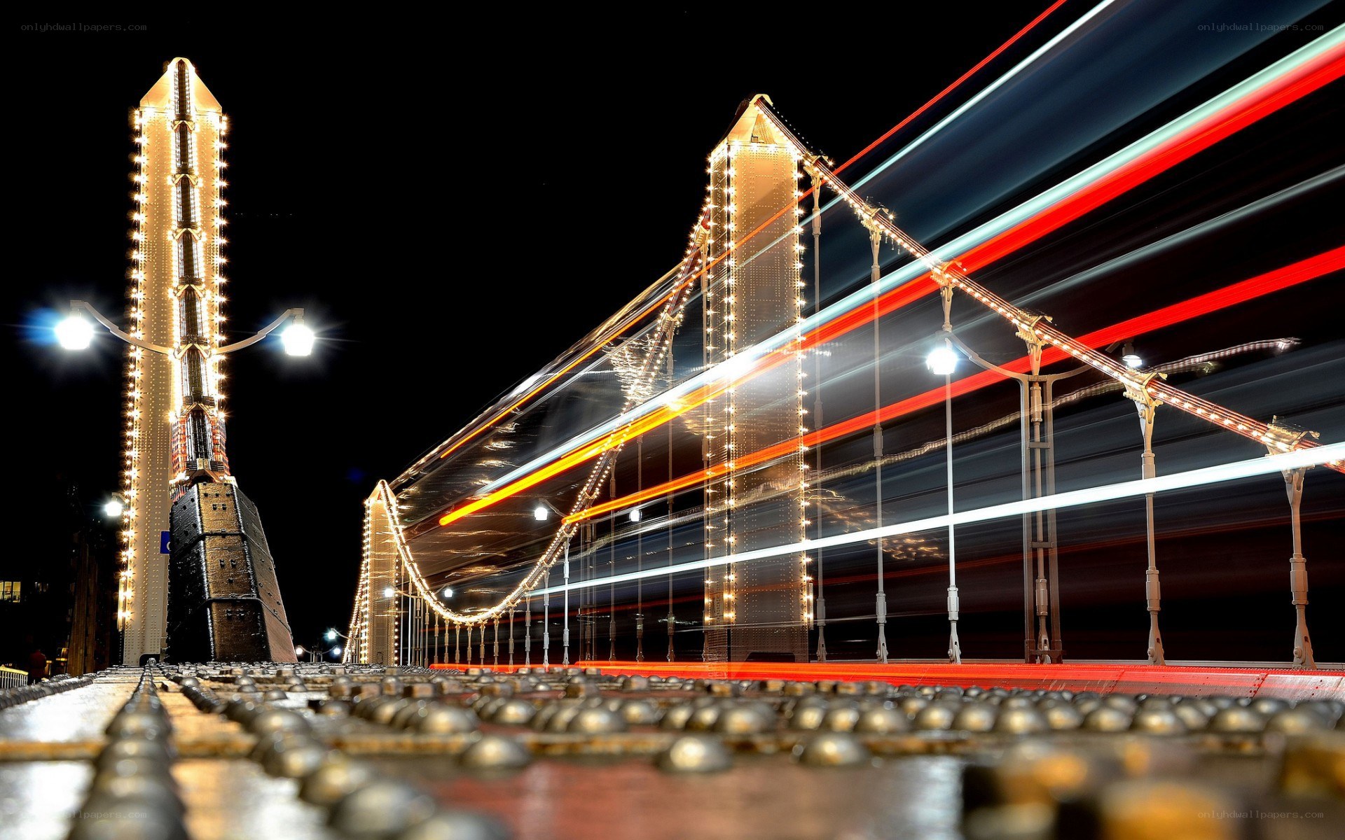 Night lights on a suspension bridge