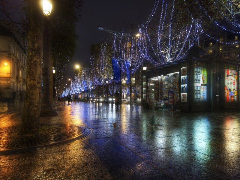 Night lights on a wet city street