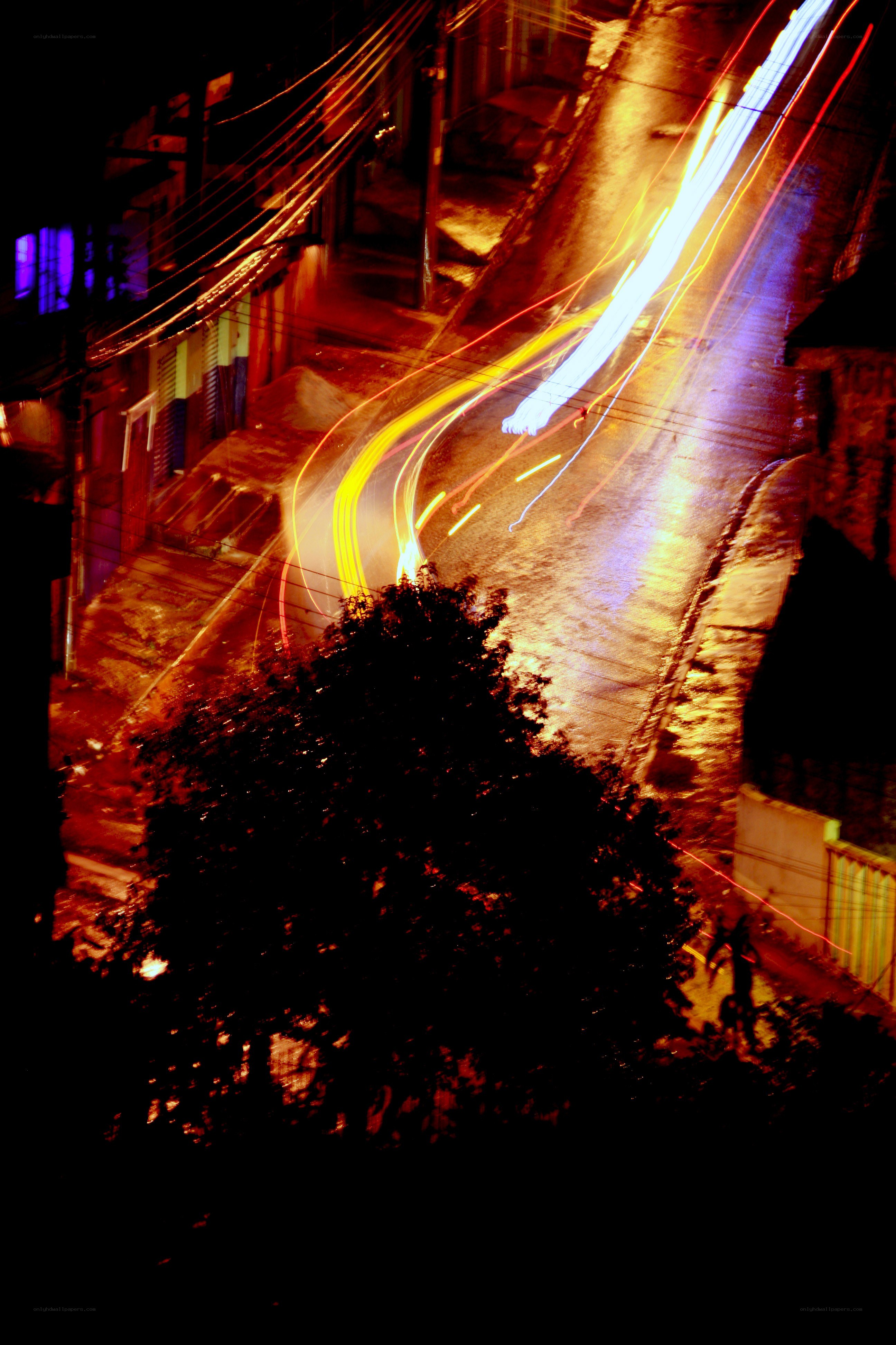 Night lights on a wet street