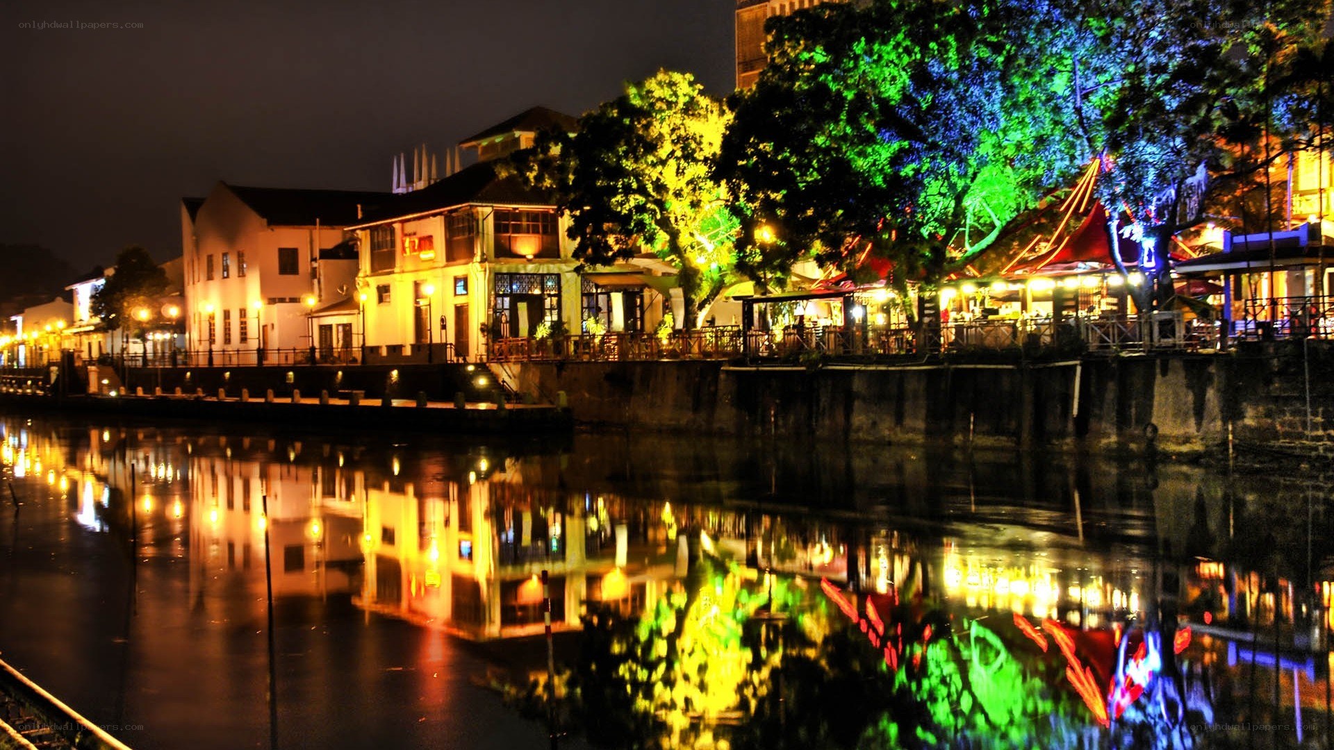 night lights on riverbank