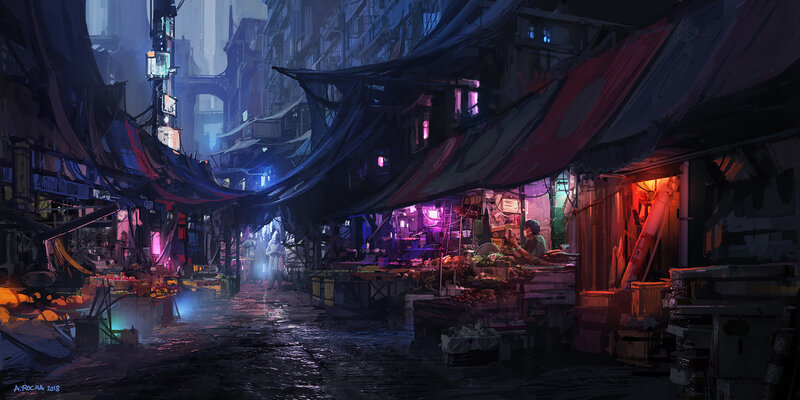 Night Market Alley — Blue, Dramatic