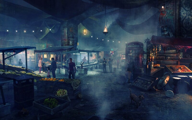 night market in a dystopian city