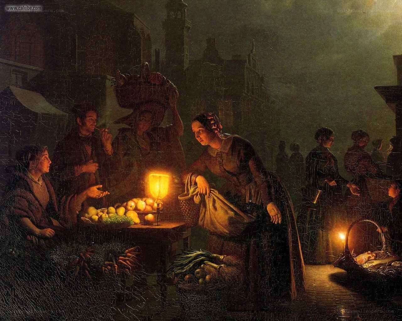 Night market scene with vendors