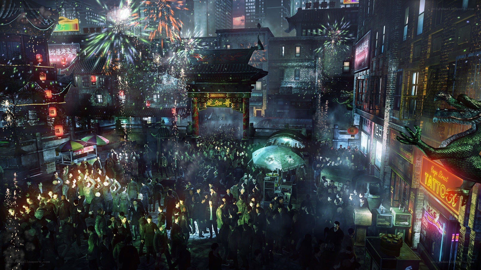 Night market with fireworks