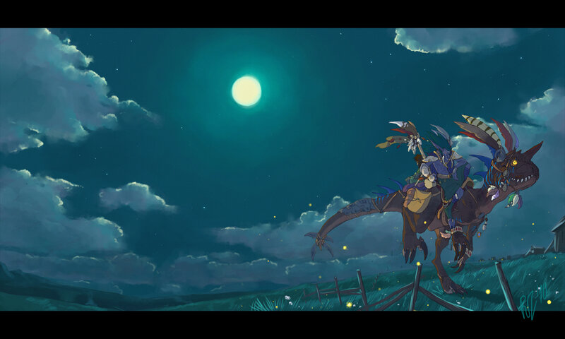 Night ride on a dinosaur