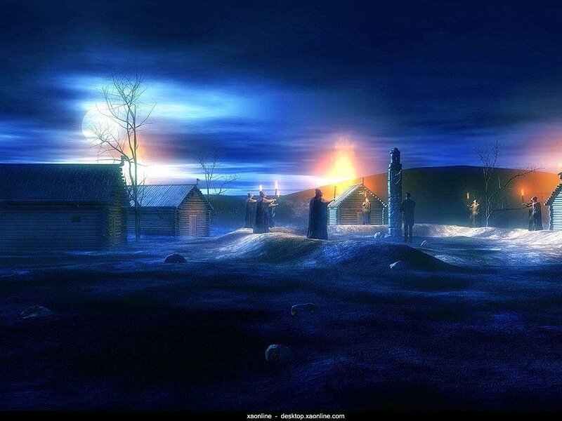 Night ritual in a snowy village