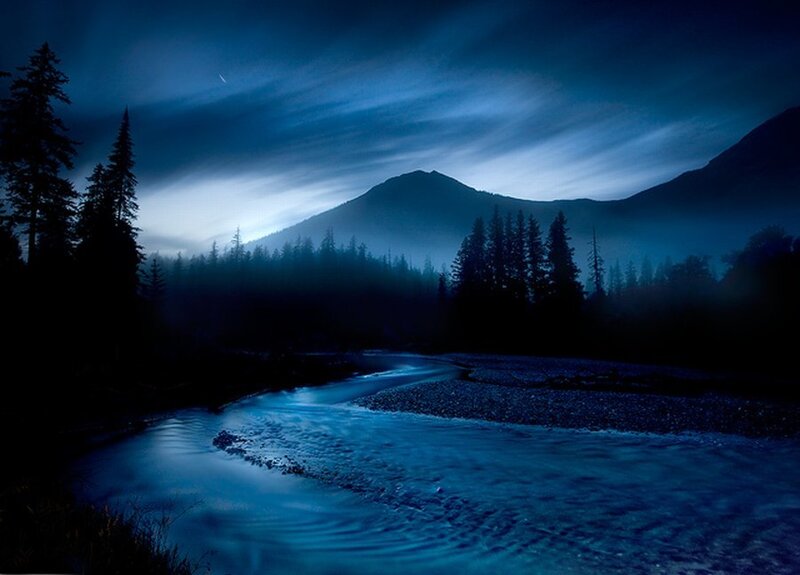 Night river in mountain valley