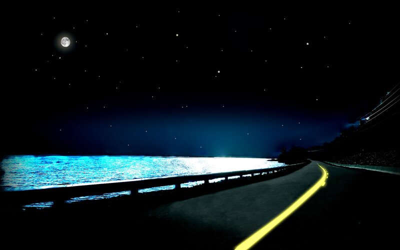 Night road by the water