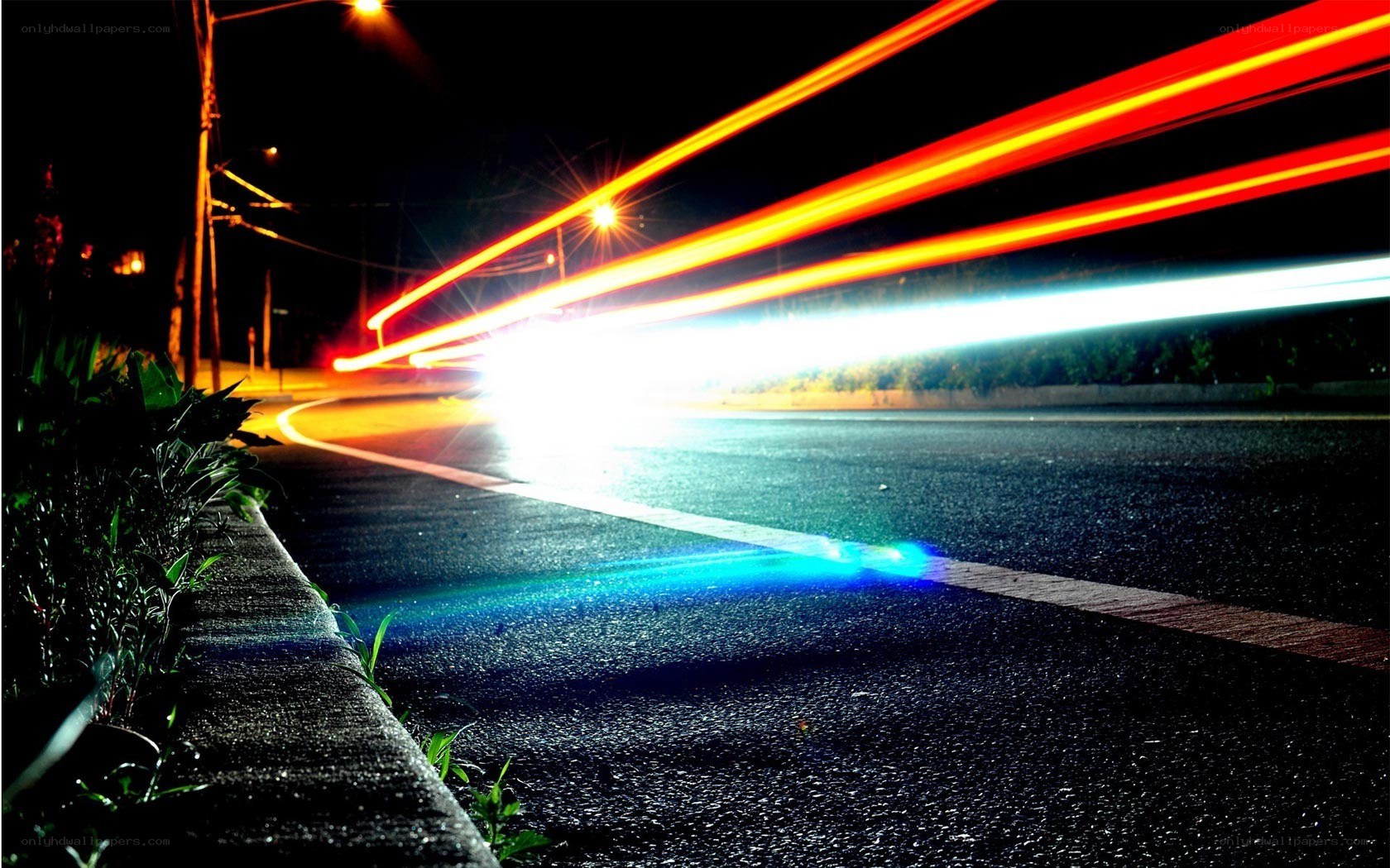 Night road with light trails