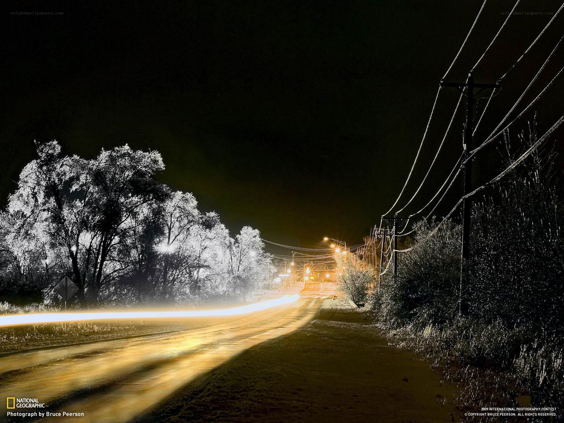 Night road with light trails