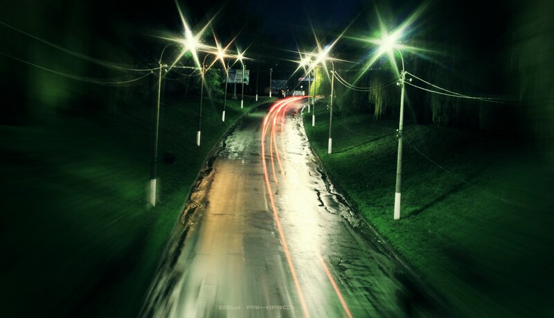 Night road with light trails