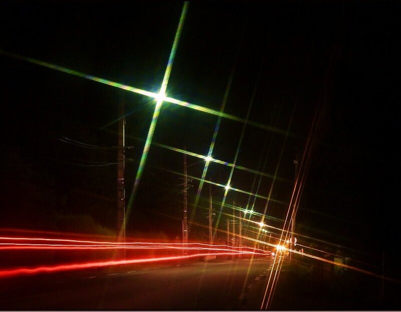 Night road with light trails