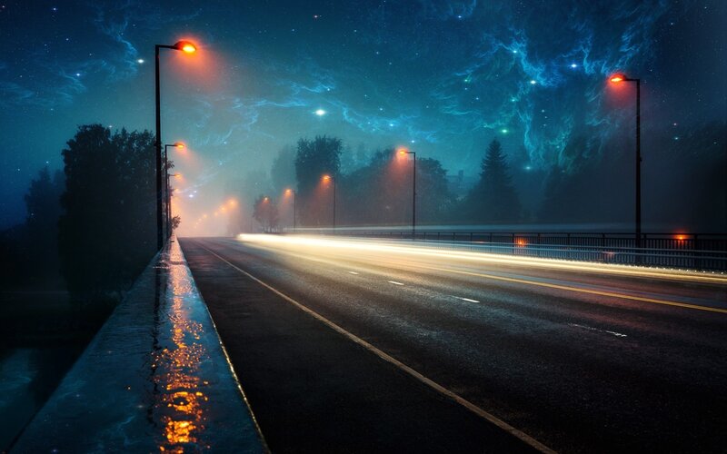 Night Road with Light Trails — Blue