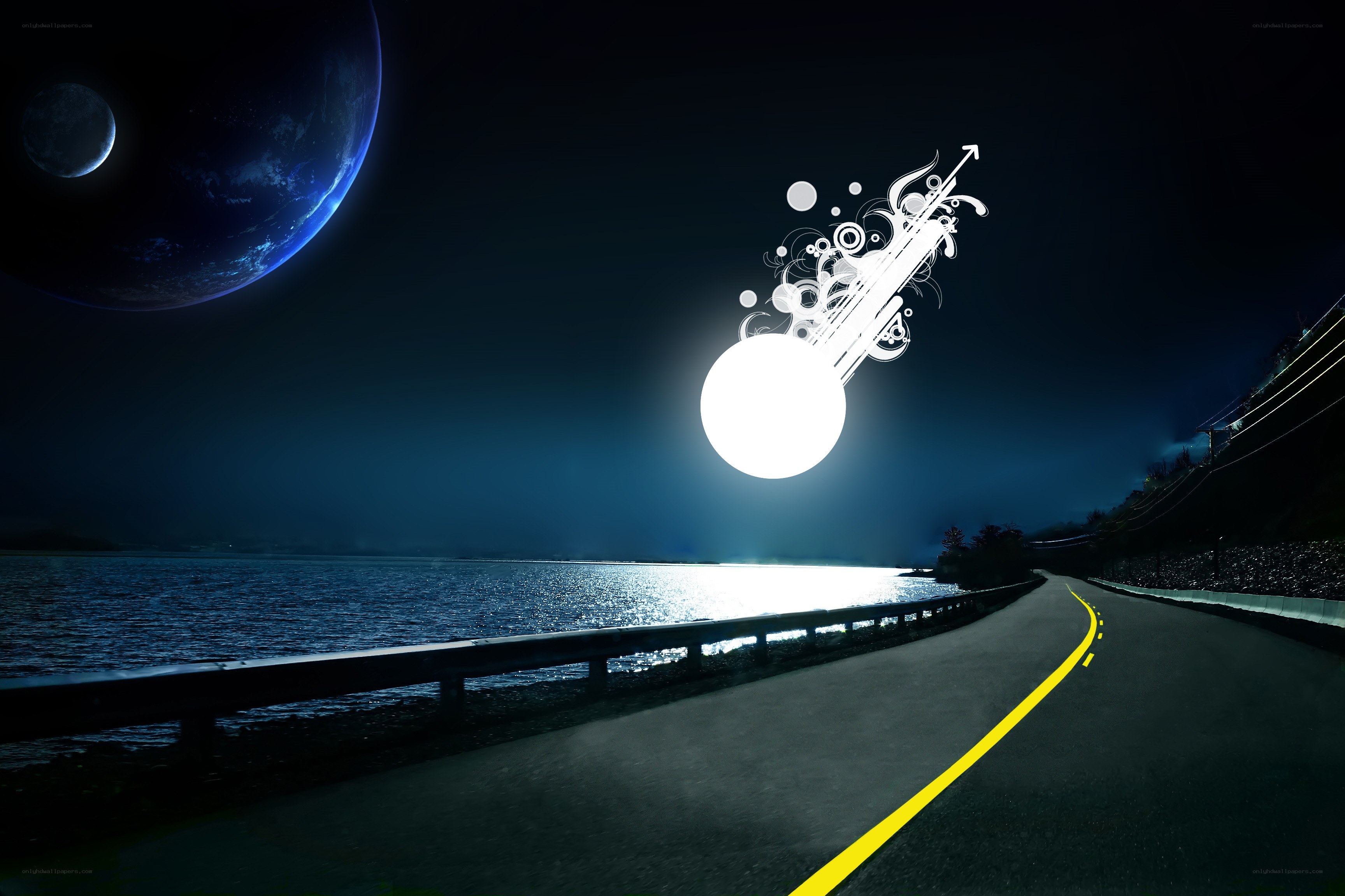 Night road with planet and comet