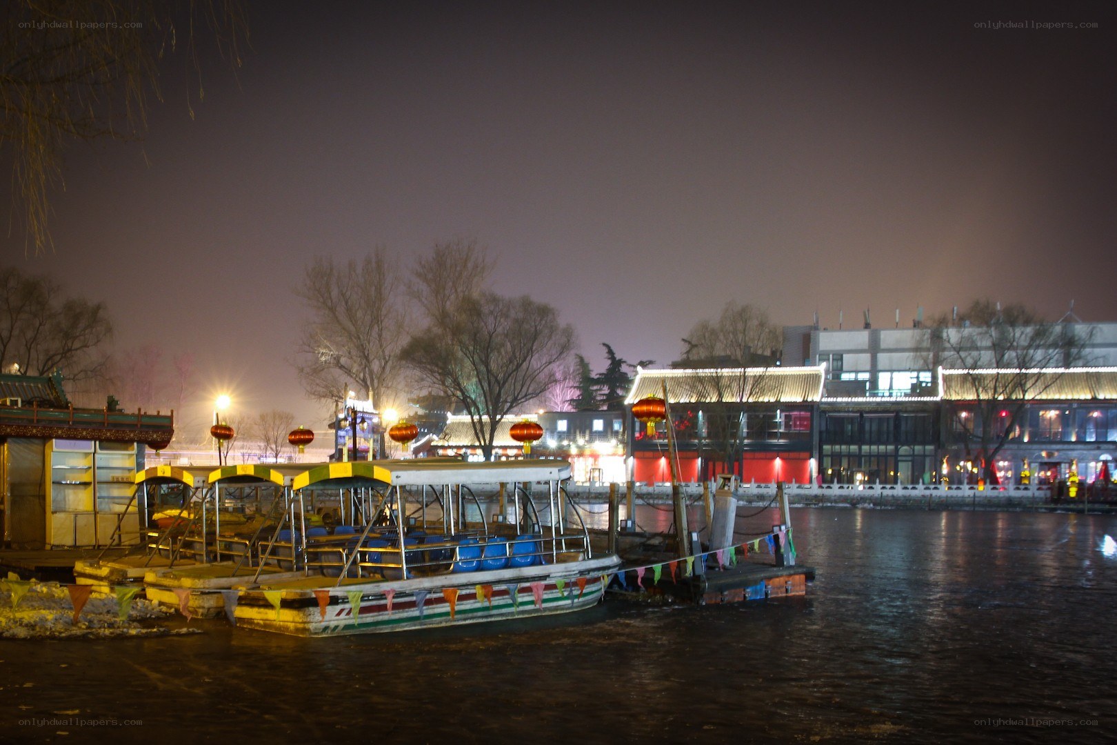 Night scene at a canal dock