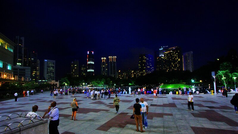 Night scene at a city plaza