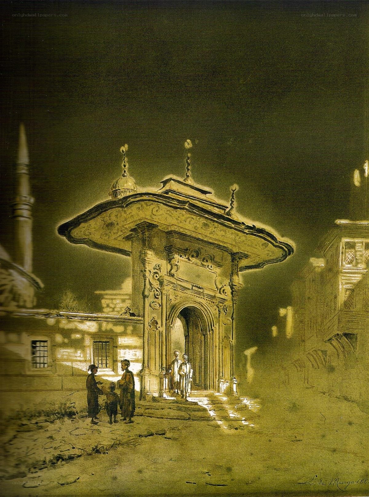 Night scene at a fountain