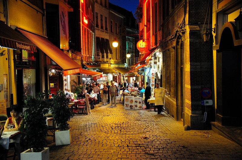 Night scene of a European alley
