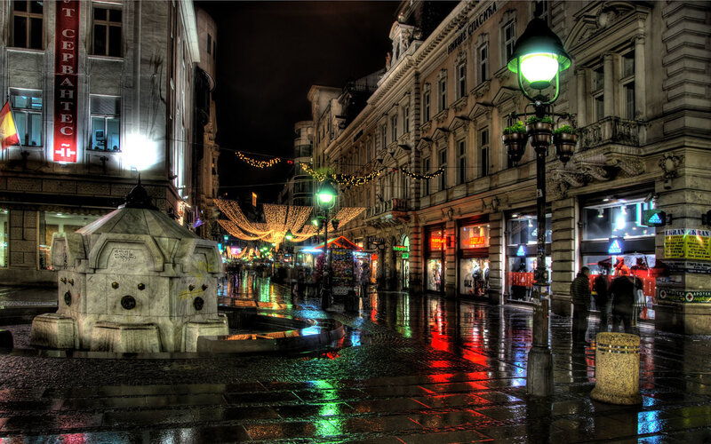 Night scene of a wet city street