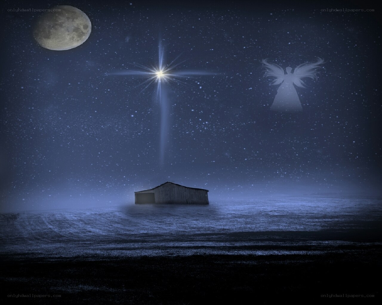 Night scene with barn and star