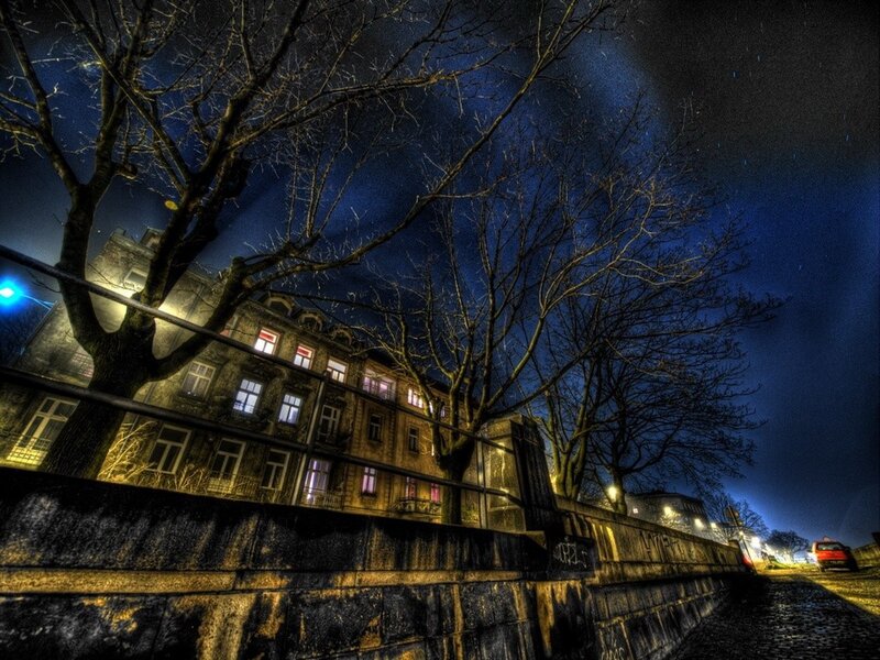 Night scene with buildings and trees