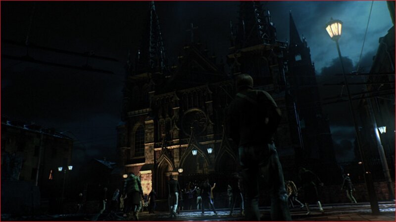 Night scene with church and crowd
