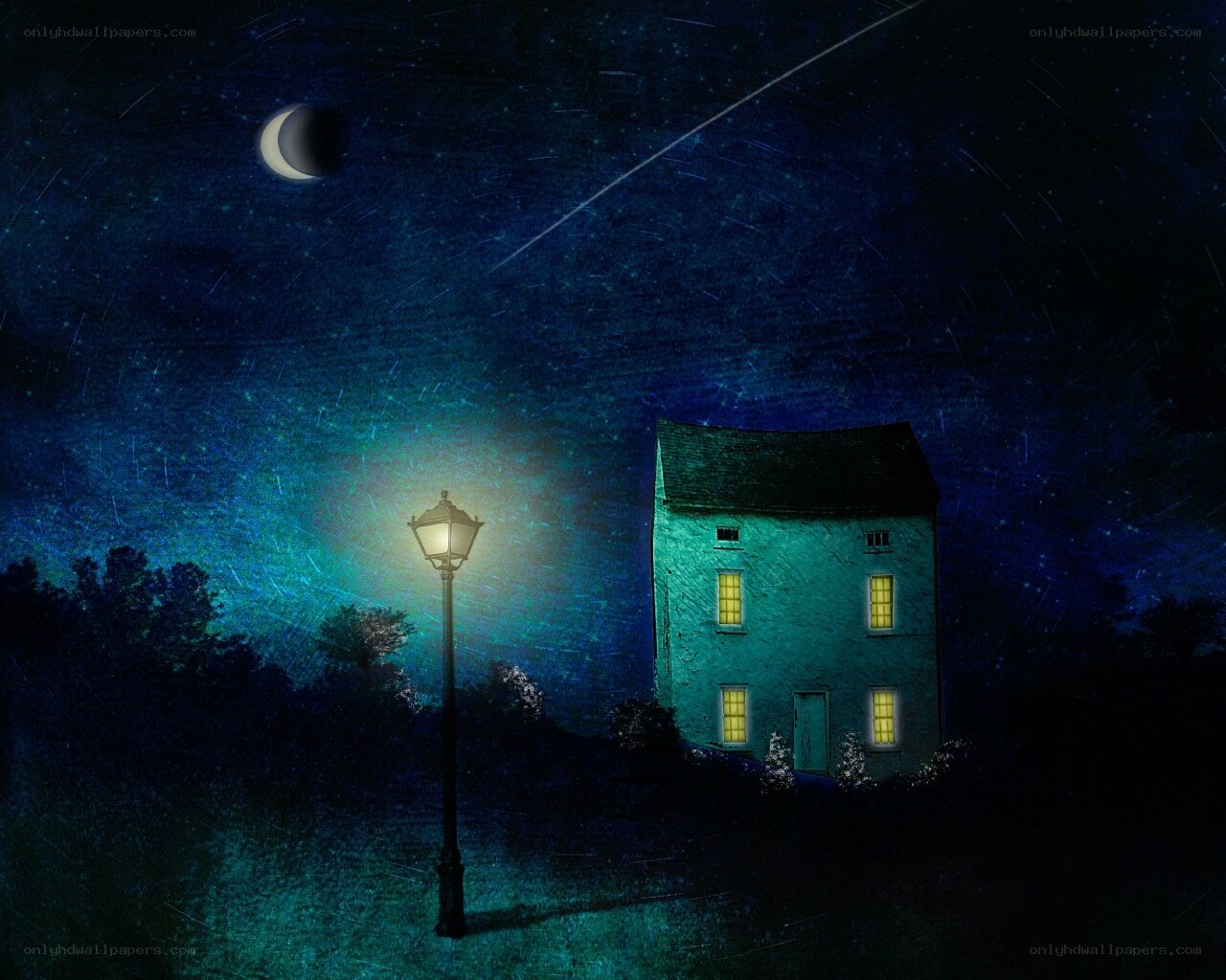 Night scene with house and moon