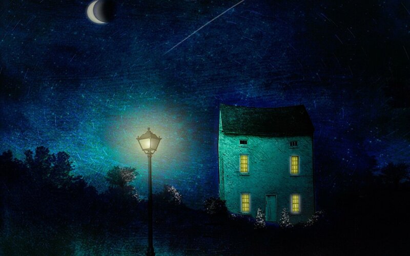 Night scene with house and streetlamp