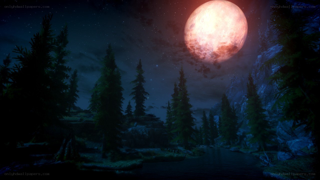 night scene with red moon