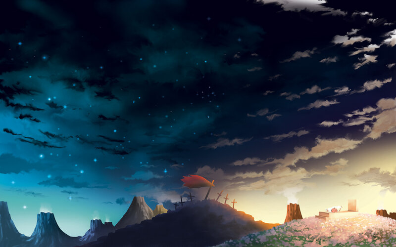 Night sky over a graveyard
