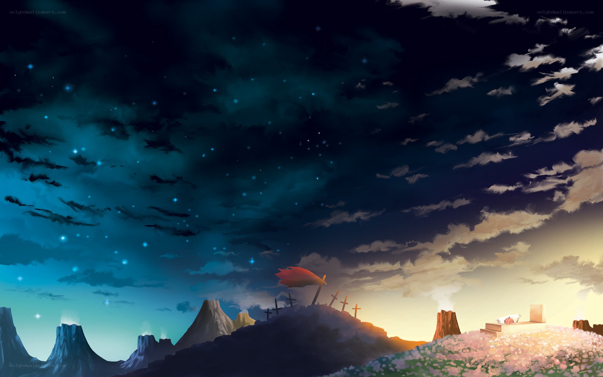 Night sky over a graveyard