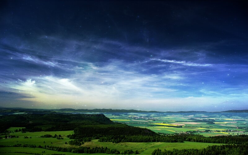 Night Sky over Green Fields