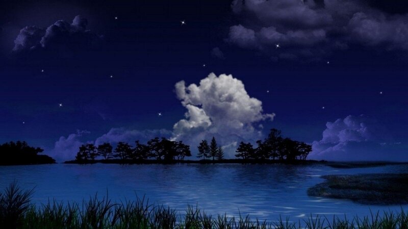 Night Sky over Lake — Blue, Serene, Digital Art, Clouds