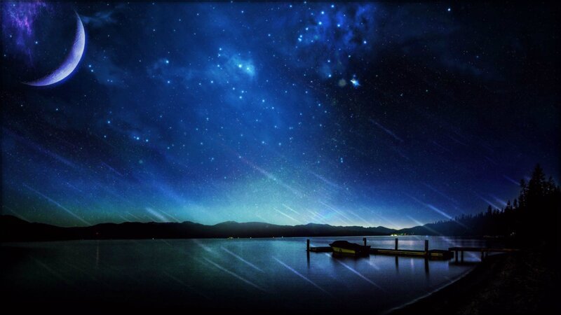 Night Sky over Lake — Blue, Serene, Digital Art, Moon