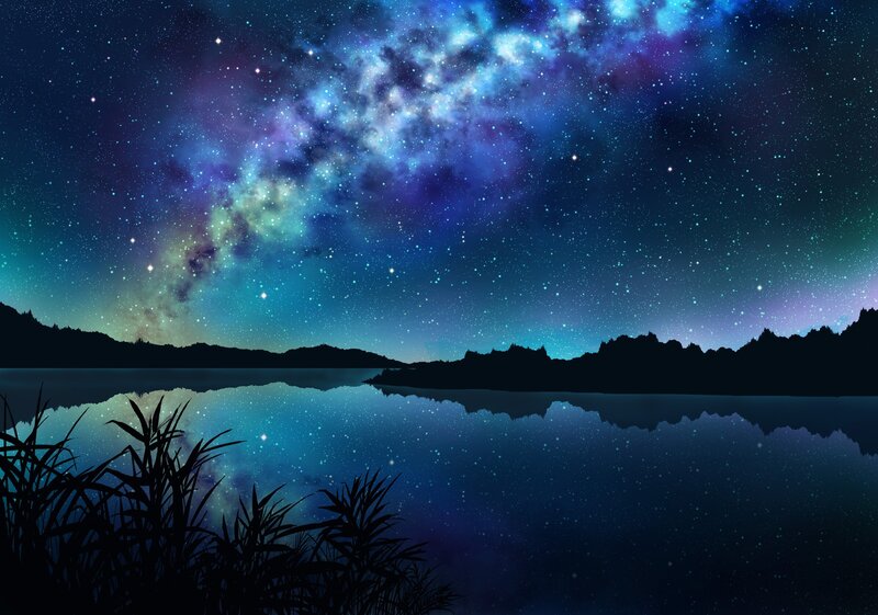 Night Sky over Lake — Blue, Serene, Digital Art, Mountains