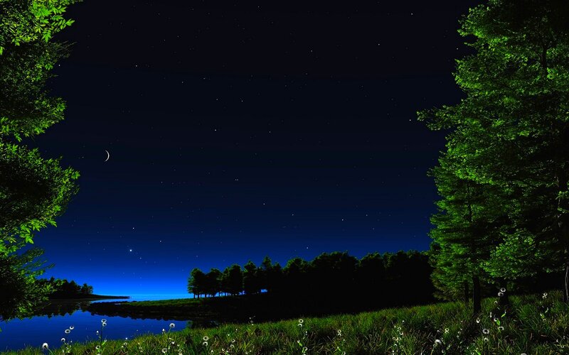Night Sky over Lake — Blue, Serene, Digital Art