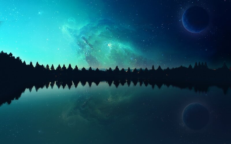 Night Sky over Lake — Blue, Serene, Digital Art, Trees, Planet