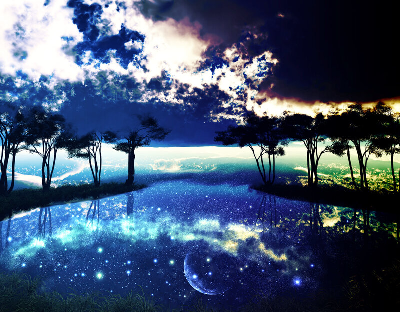 Night Sky over Lake — Blue, Serene, Digital Art, Trees